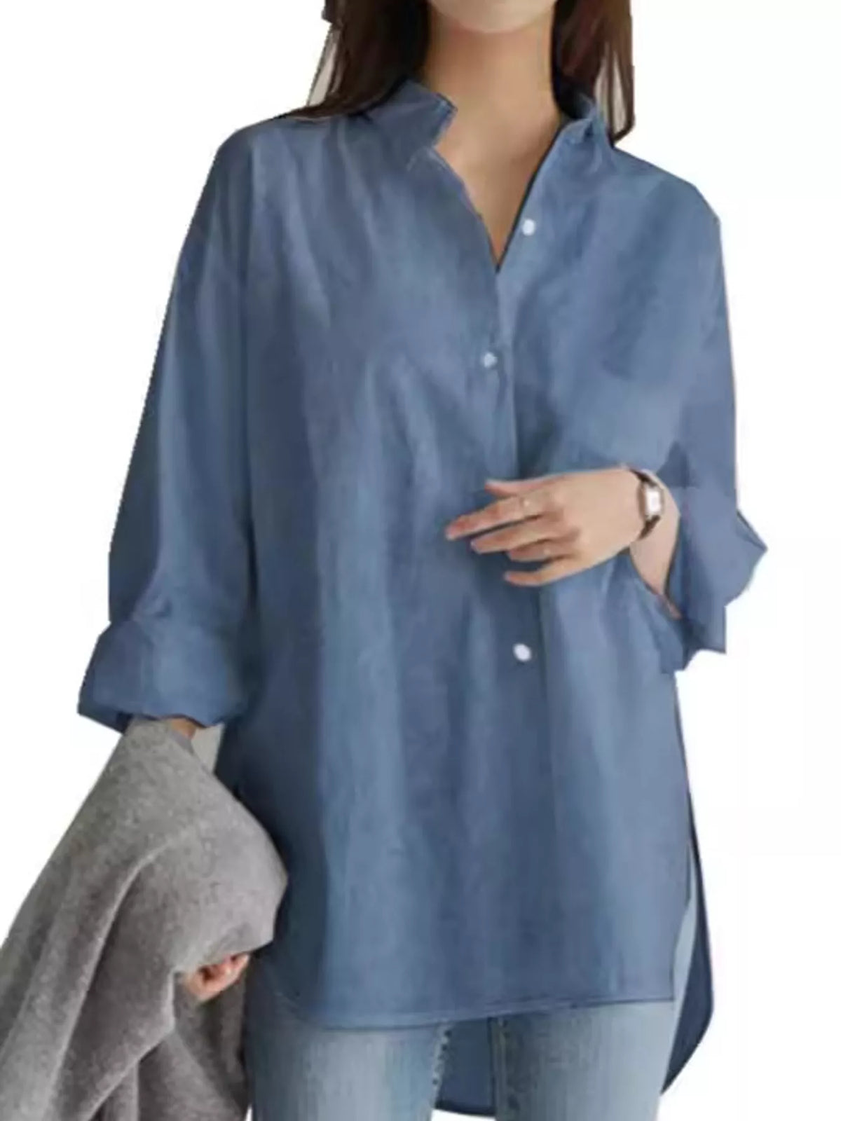 Full Size Oversized Button-Down Long Sleeve Shirt Plus Size - Light Blue