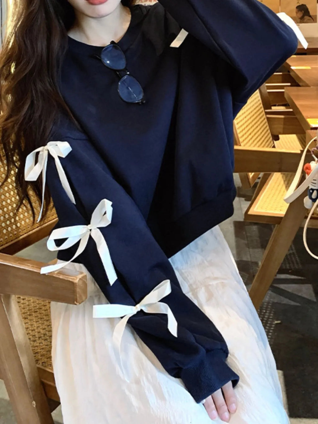 Bow-Detailed Sleeve Round Neck Sweatshirt