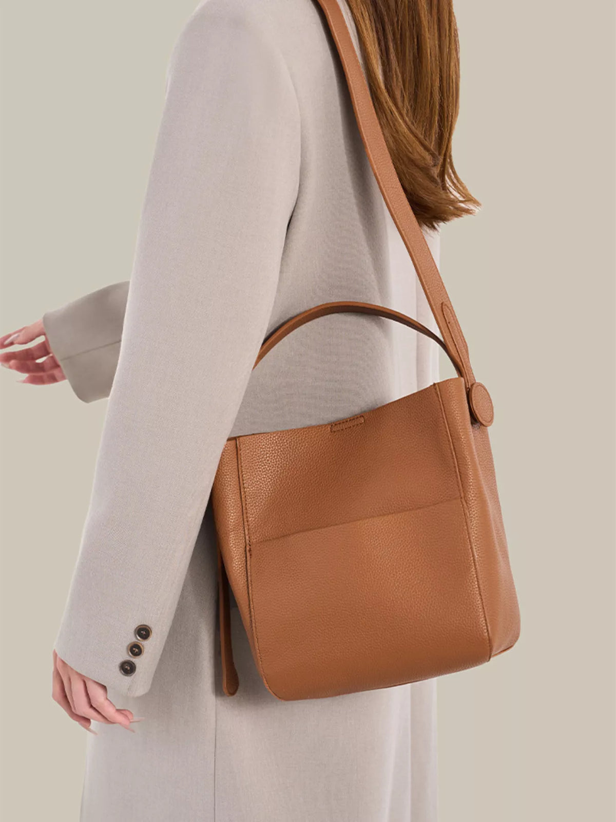 Minimalist Textured Leather Bucket Crossbody Bag - Khaki
