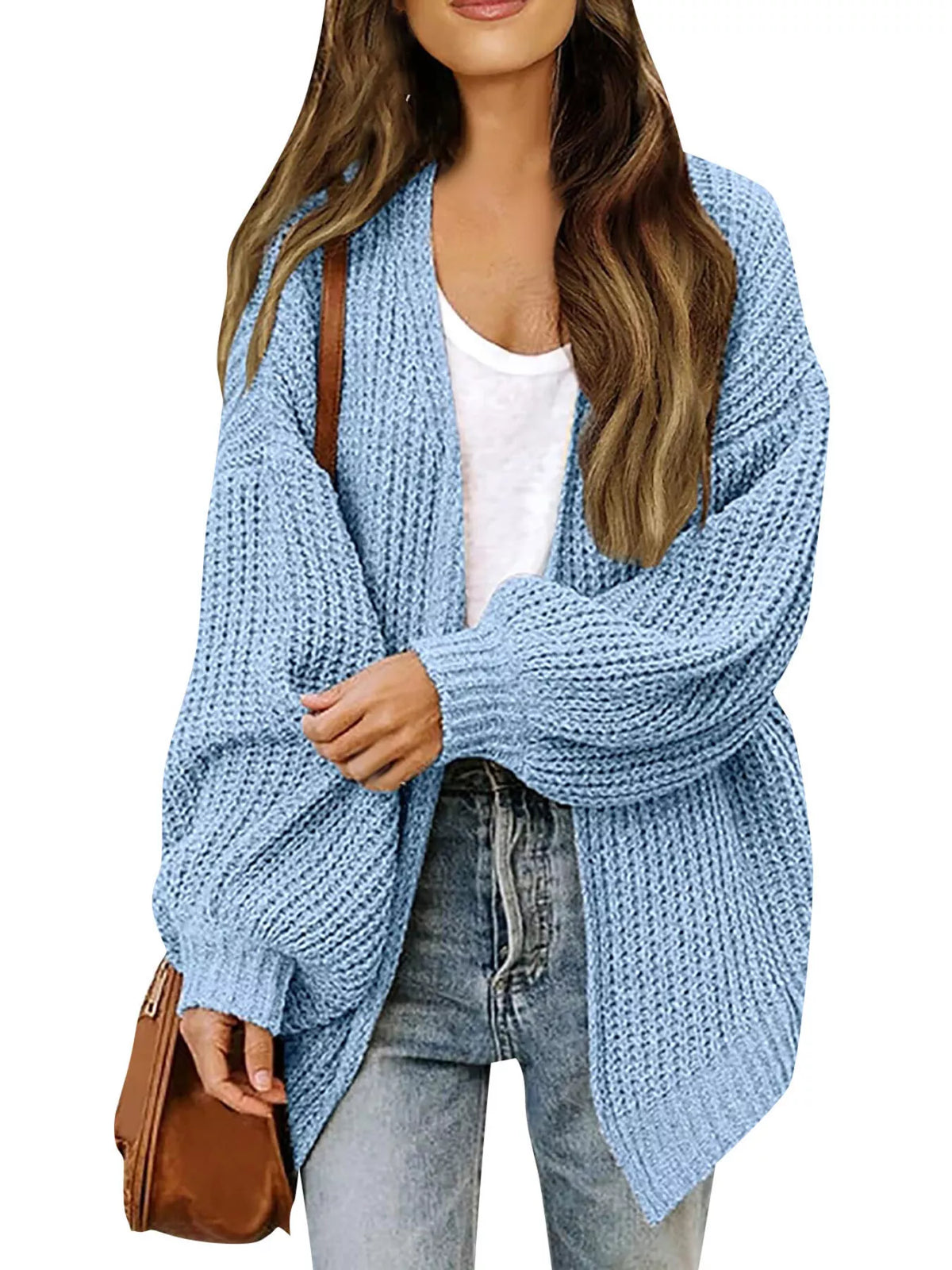 Open-Front Chunky Knit Cardigan - Light Blue