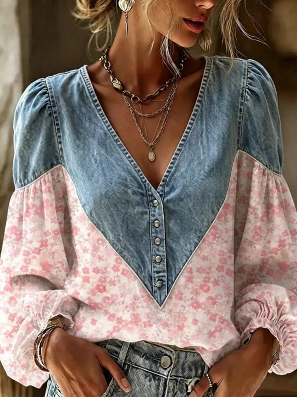 Full Size Denim Patchwork Floral Denim Top Plus Size - Pink