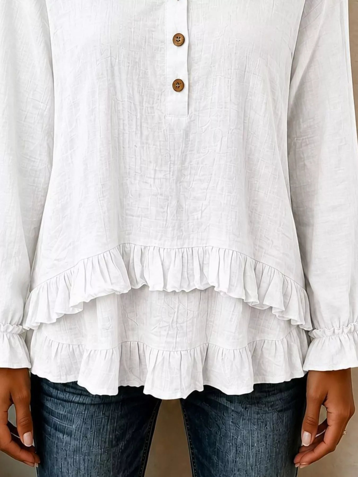 V-Neck Long Sleeve Button Detail Ruffled Hem Blouse