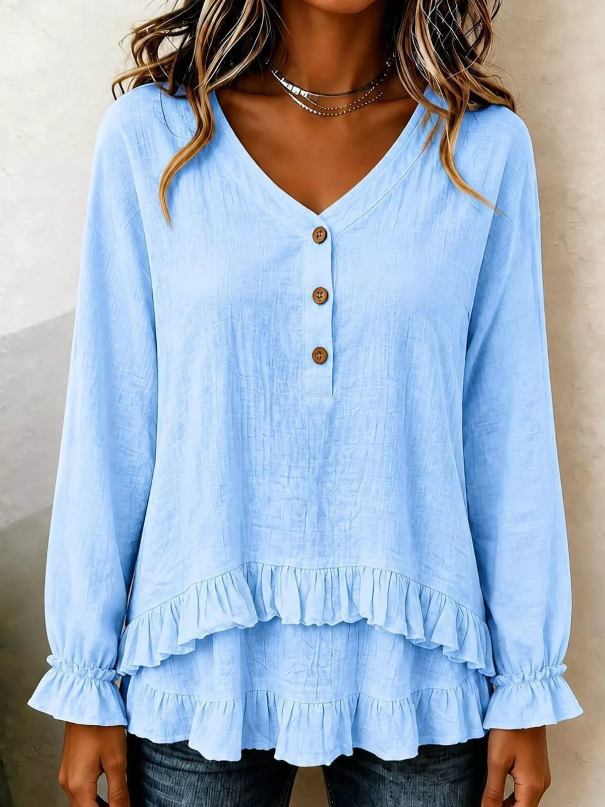 V-Neck Long Sleeve Button Detail Ruffled Hem Blouse - Sky Blue