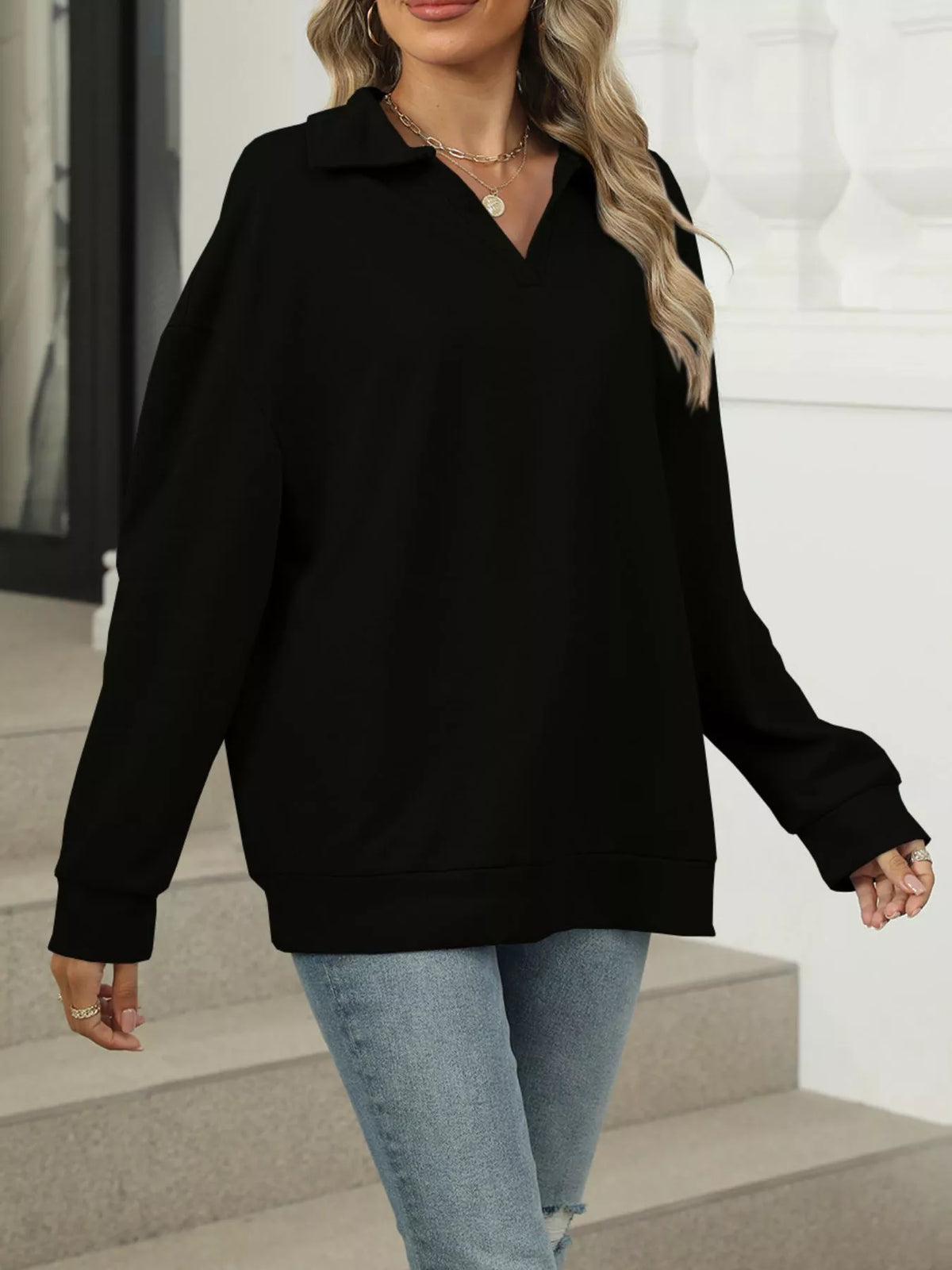 Johnny Collar Drop Shoulder Long Sleeve Sweatshirt - Black