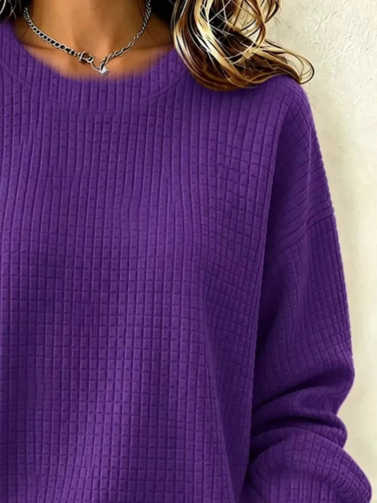Full Size Waffle Knit Long Sleeve Crew Neck Sweatshirt Plus Size