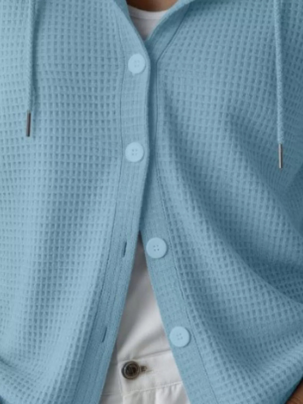 Waffle Knit Button-Down Hooded Cardigan