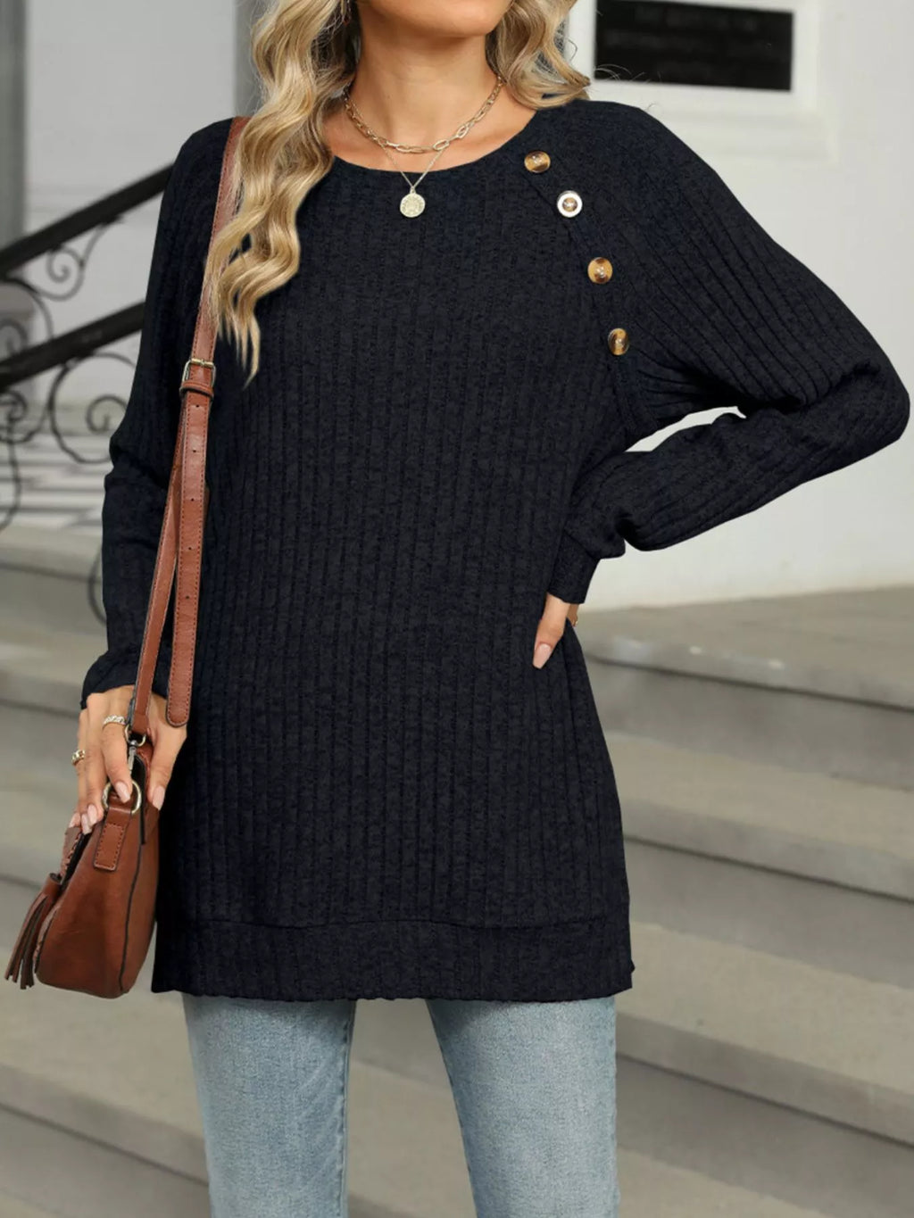 Round Neck Side Slit Ribbed Knit Top with Asymmetric Button Detail