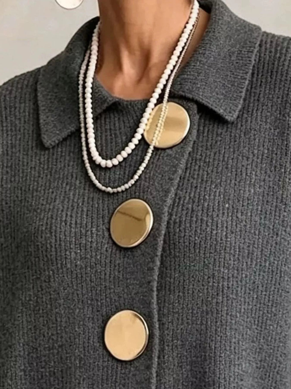Full Size Gold Buttons Lantern Sleeve Cardigan Plus Size