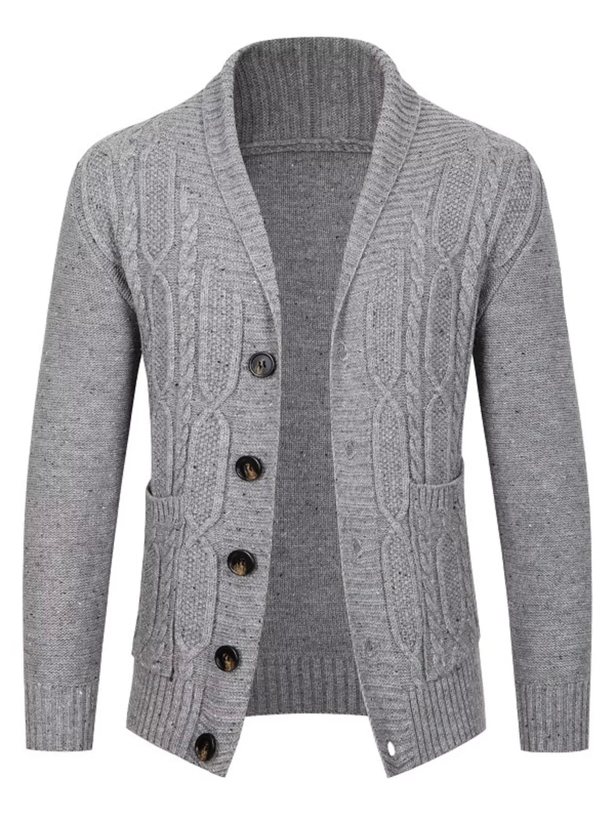 Men's Plus Size Speckled Cable Knit Shawl Collar Cardigan - Gray