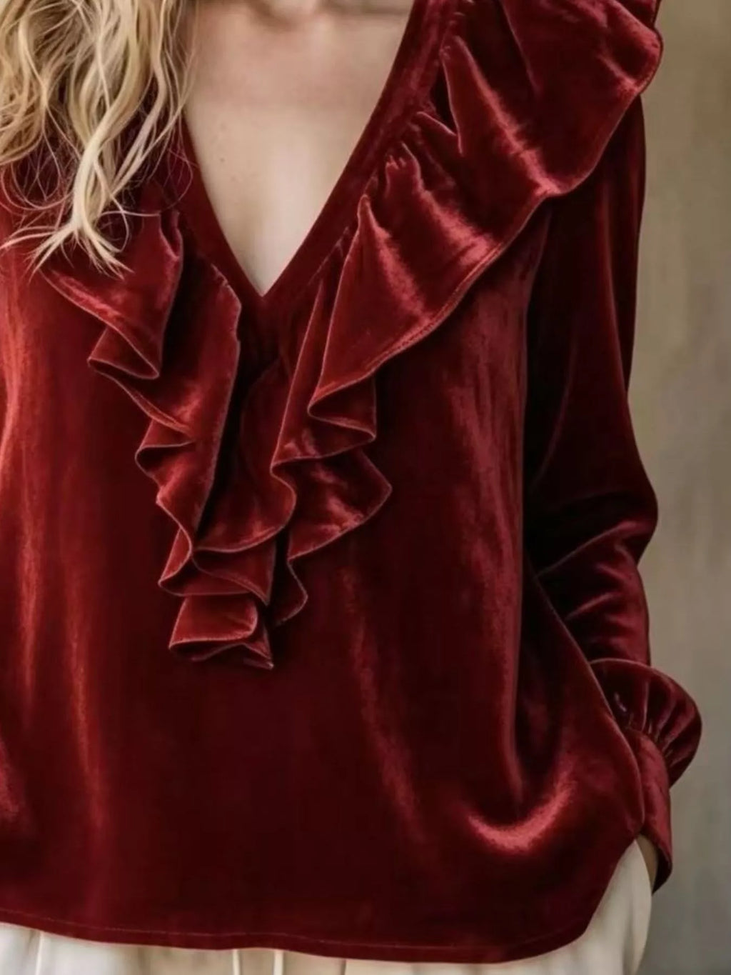 Full Size Velvet Ruffle V-Neck Blouse Plus Size
