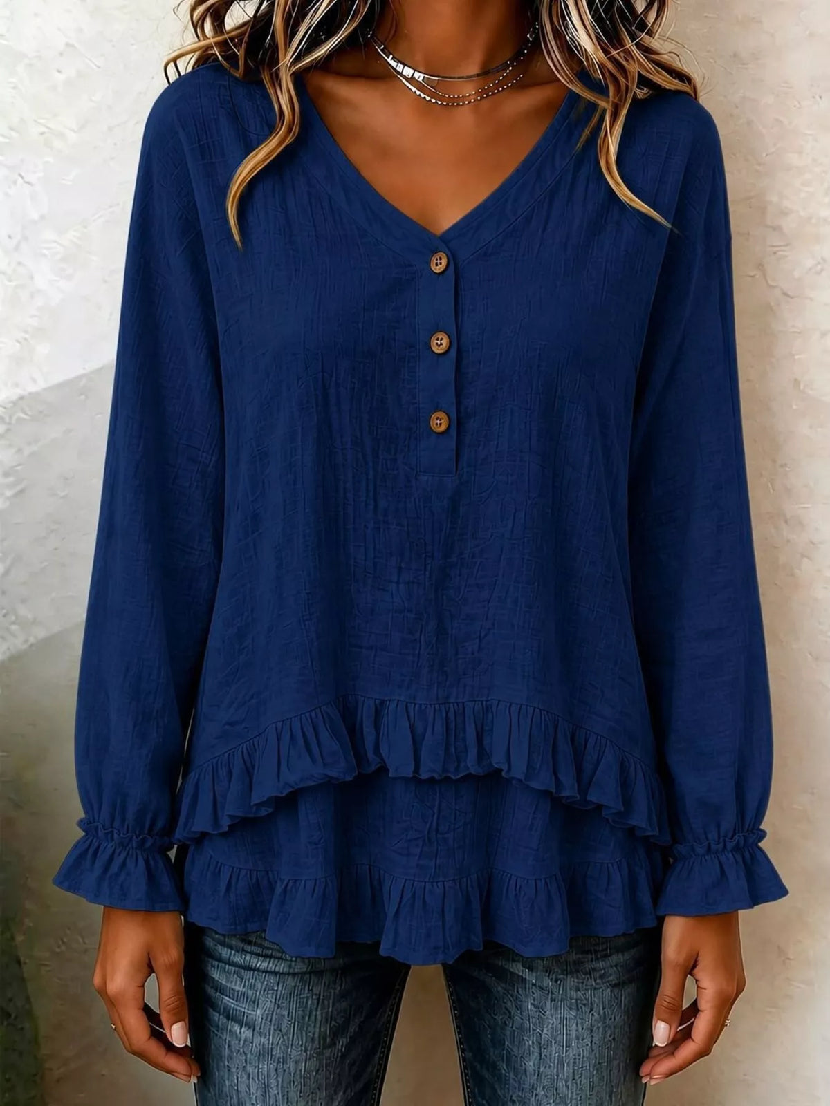V-Neck Long Sleeve Button Detail Ruffled Hem Blouse - Navy