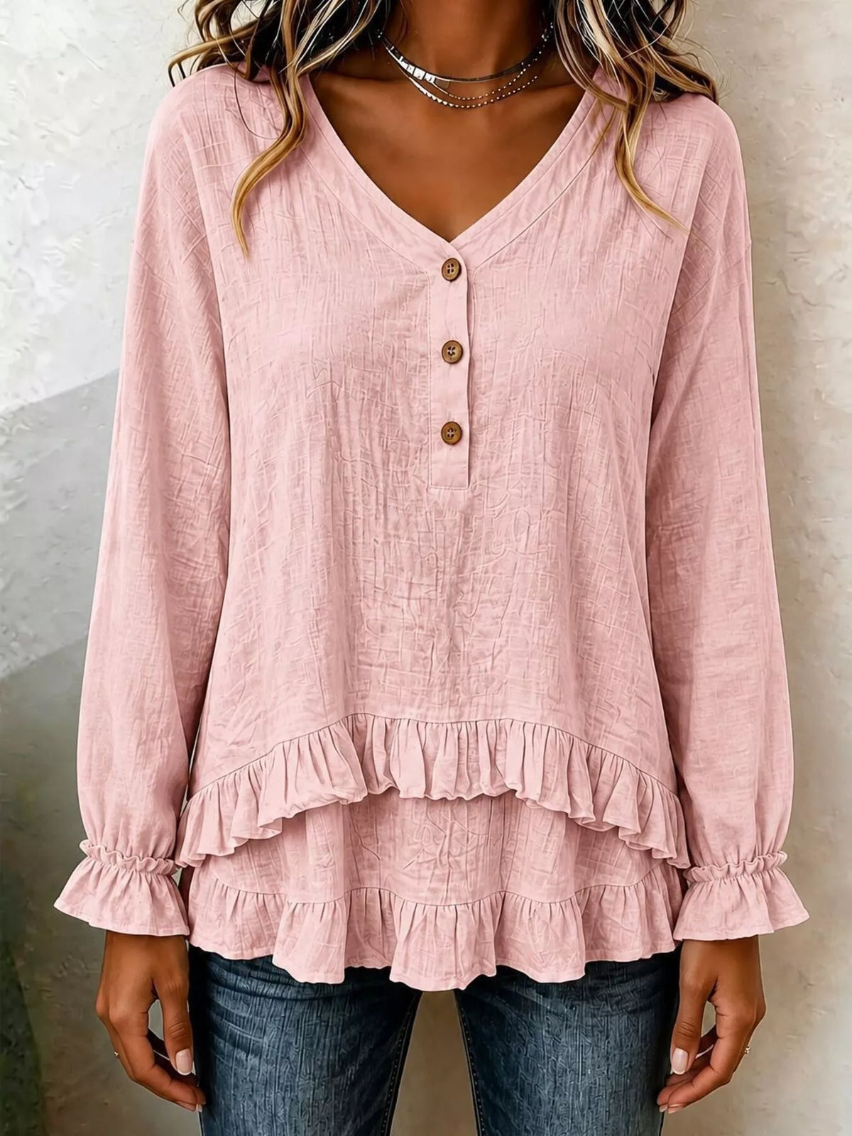 V-Neck Long Sleeve Button Detail Ruffled Hem Blouse - Pink