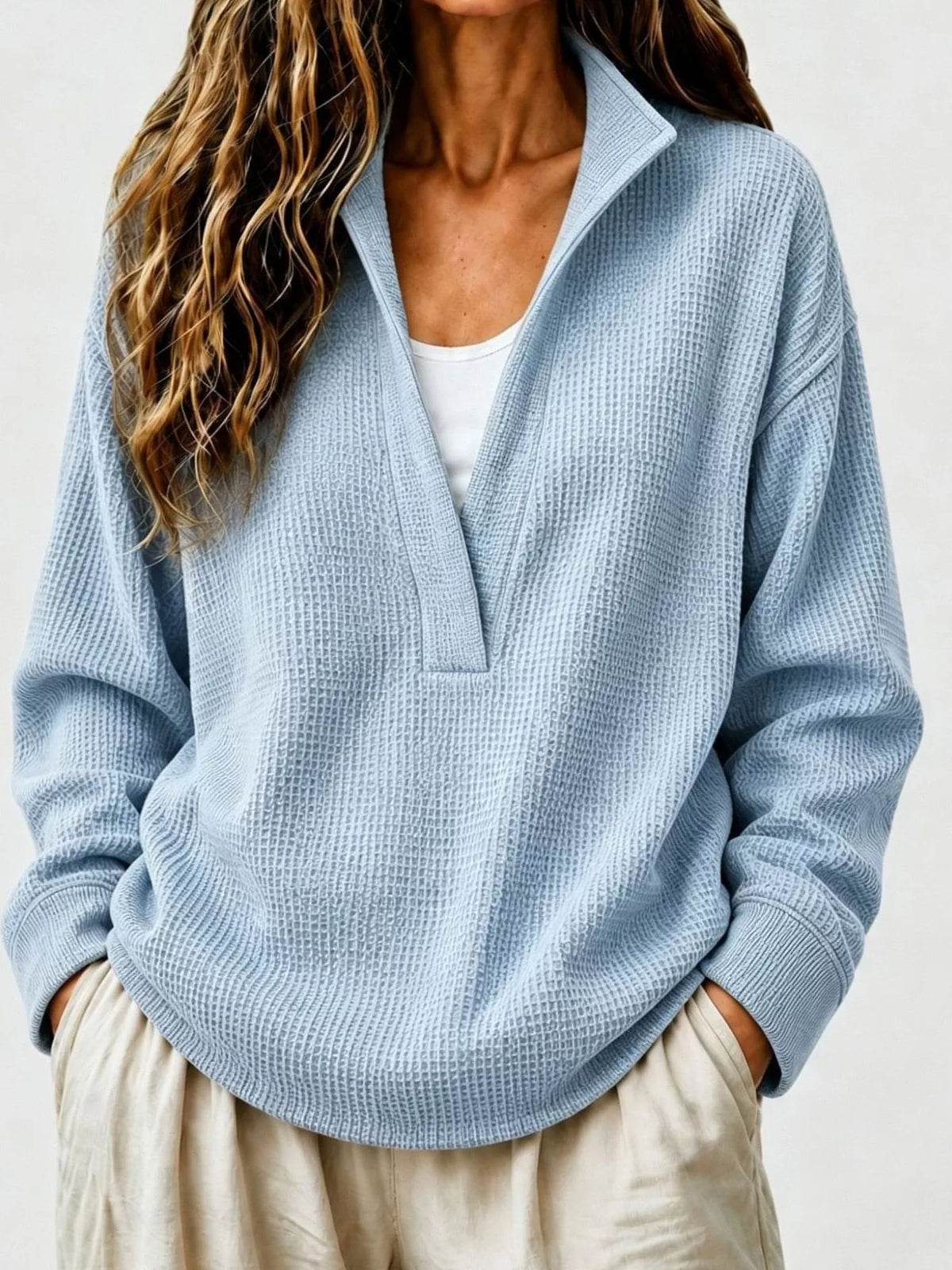 Full Size Waffle Knit Dropped Shoulder Sweatshirt Plus Size - Light Blue
