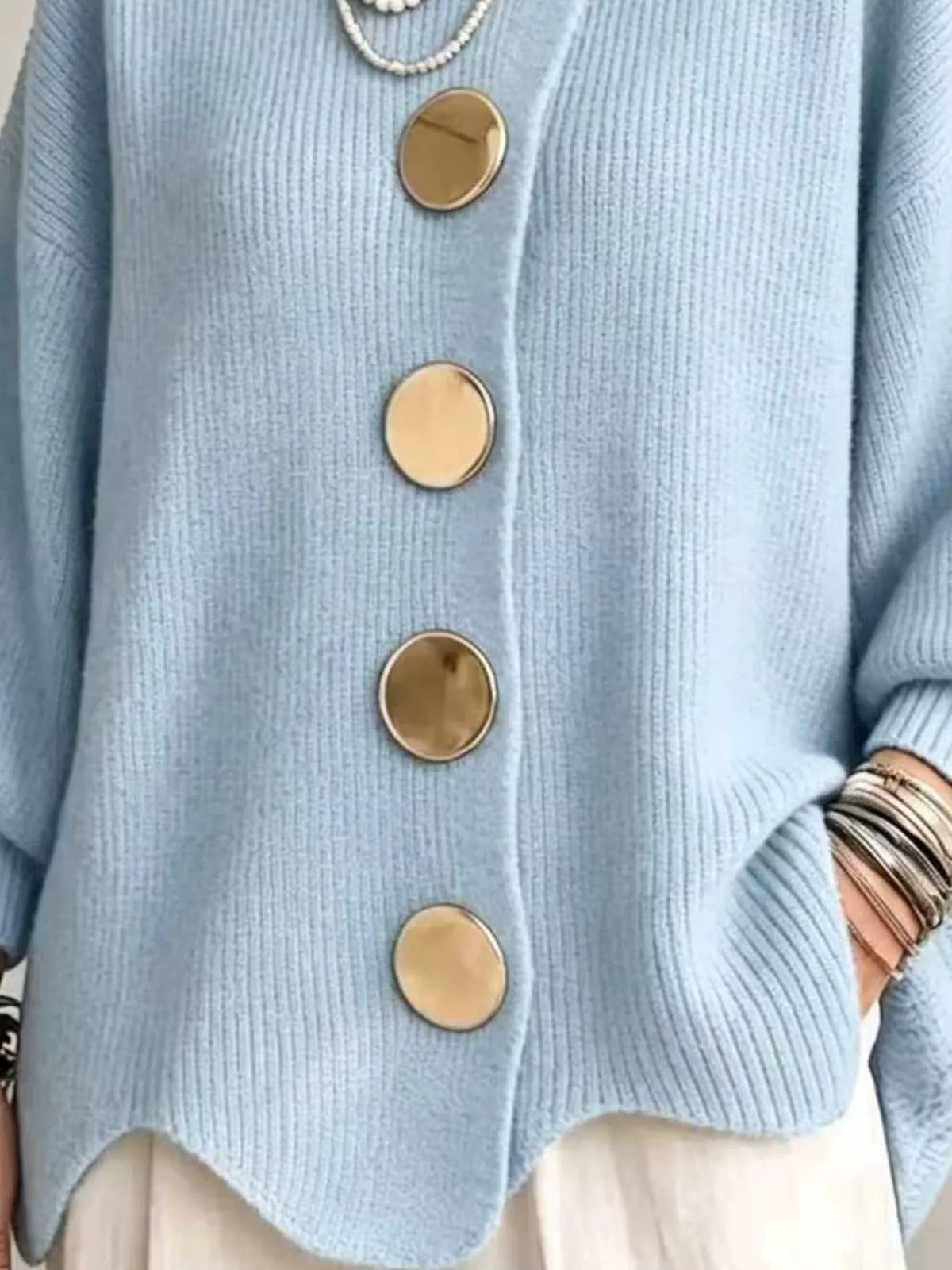 Full Size Gold Buttons Lantern Sleeve Cardigan Plus Size