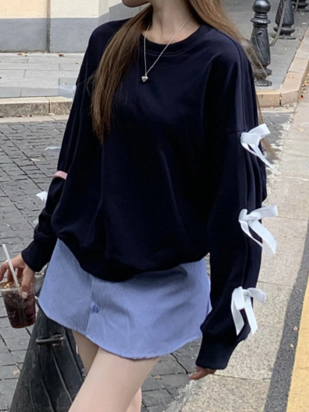 Bow-Detailed Sleeve Round Neck Sweatshirt