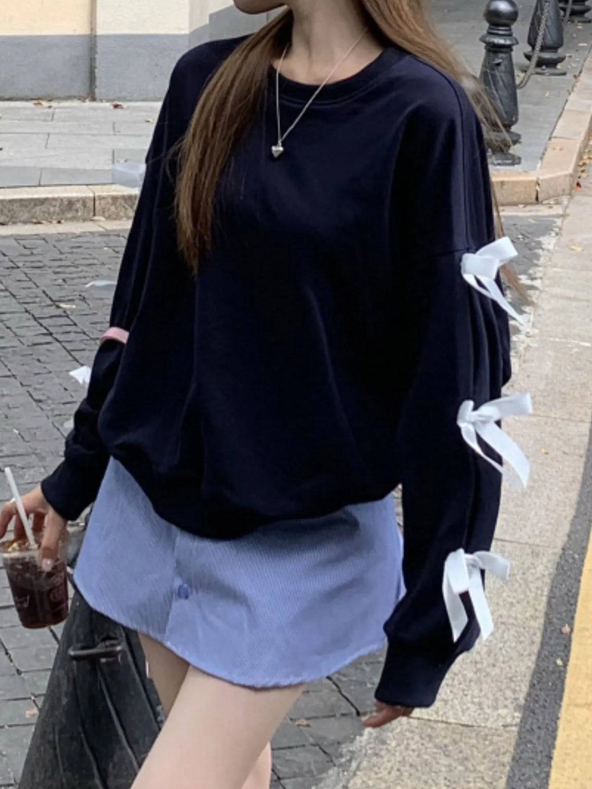 Bow-Detailed Sleeve Round Neck Sweatshirt