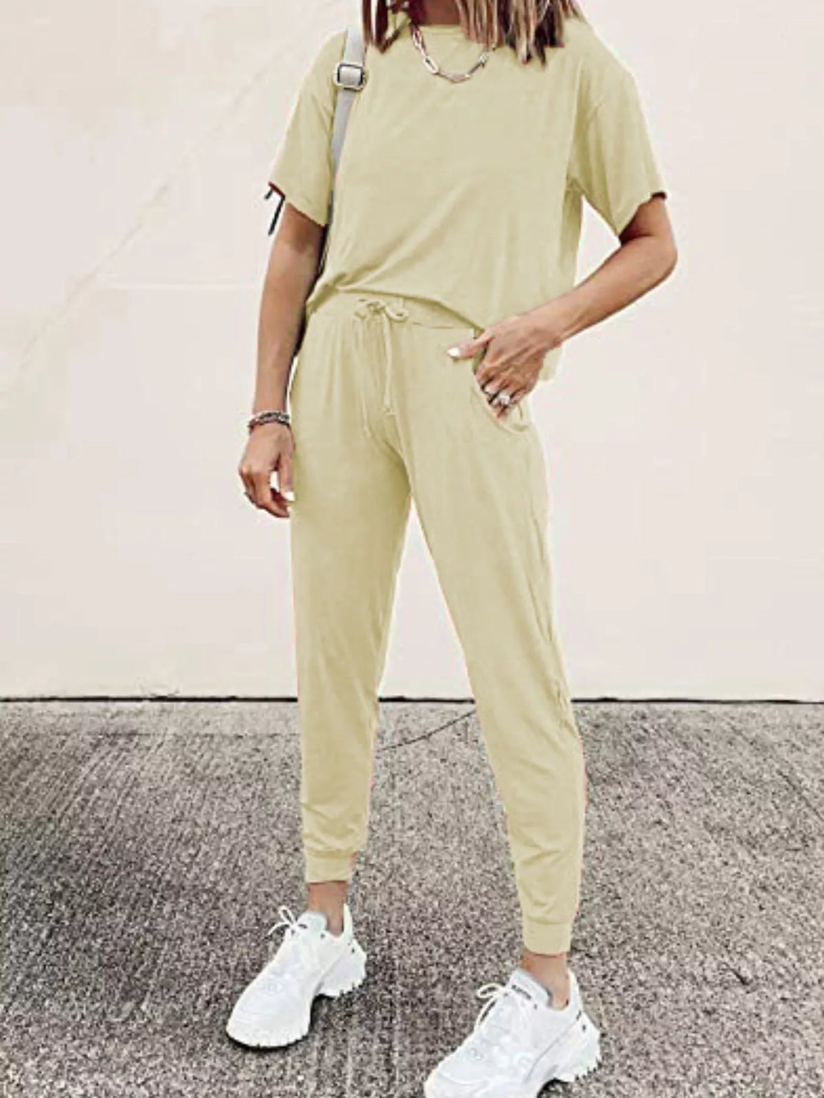 Full Size Round Neck Top and Drawstring Pants Set Plus Size - Apricot