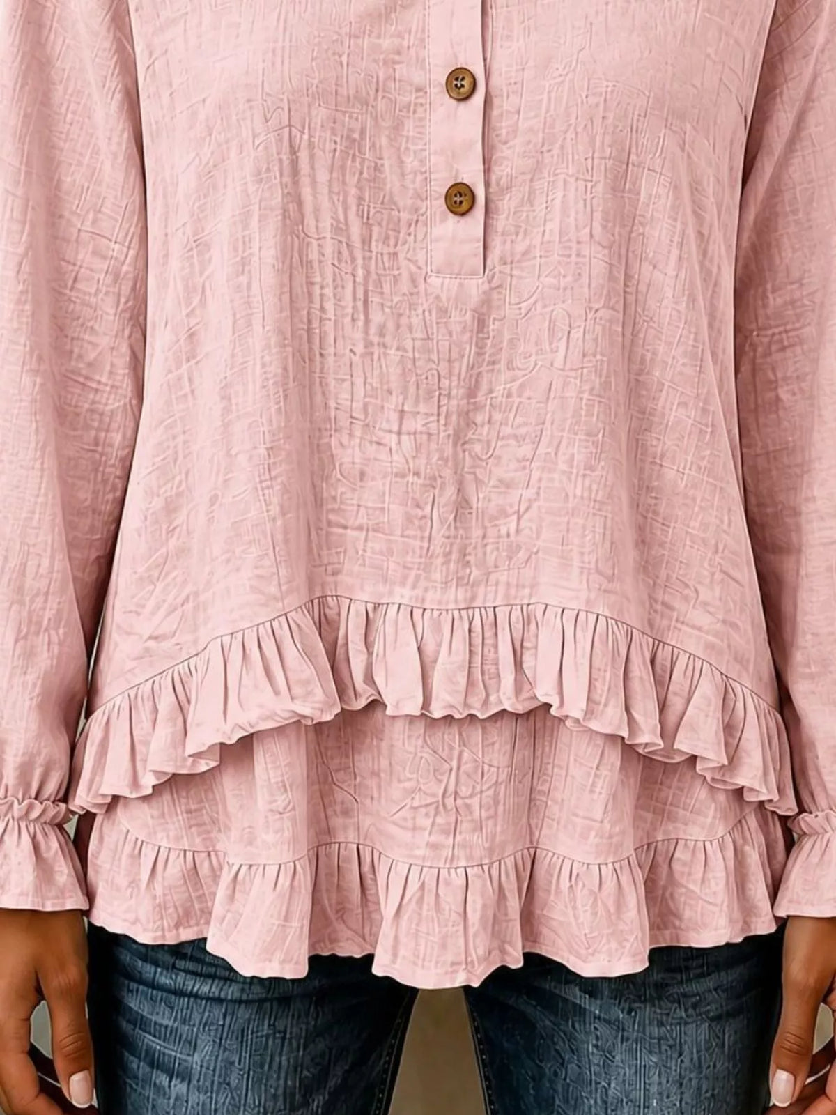 V-Neck Long Sleeve Button Detail Ruffled Hem Blouse