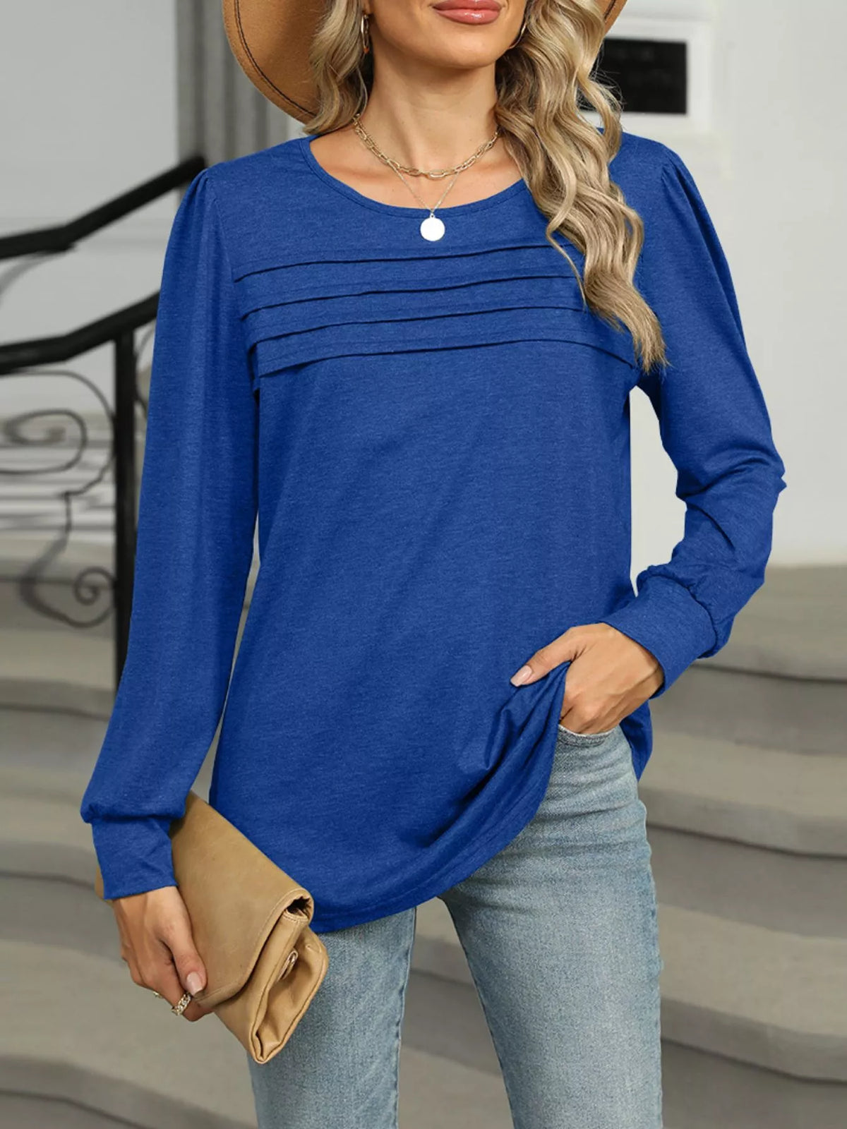 Long Sleeve Round Neck T-Shirt - Color Blue
