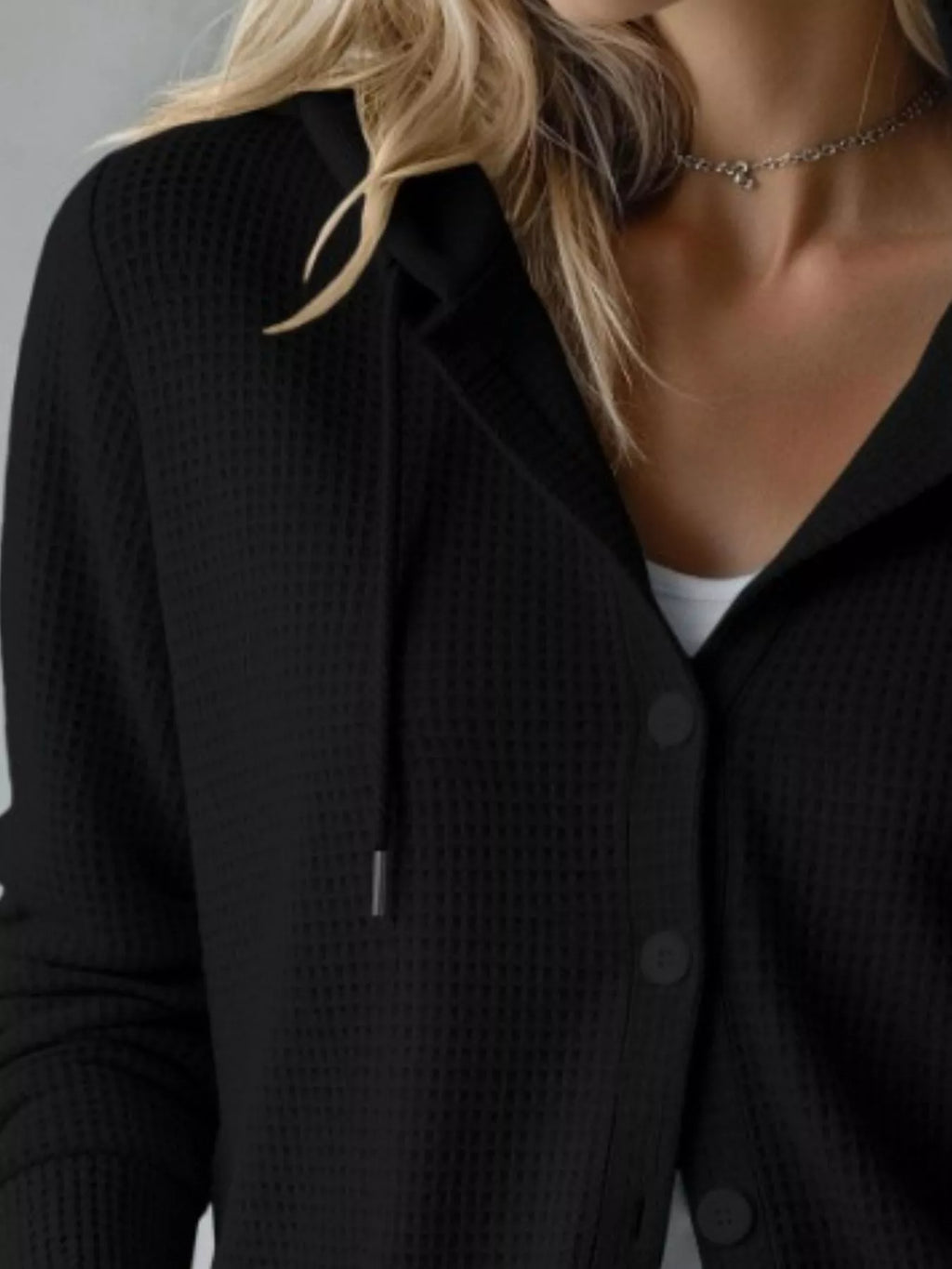 Waffle Knit Button-Down Hooded Cardigan