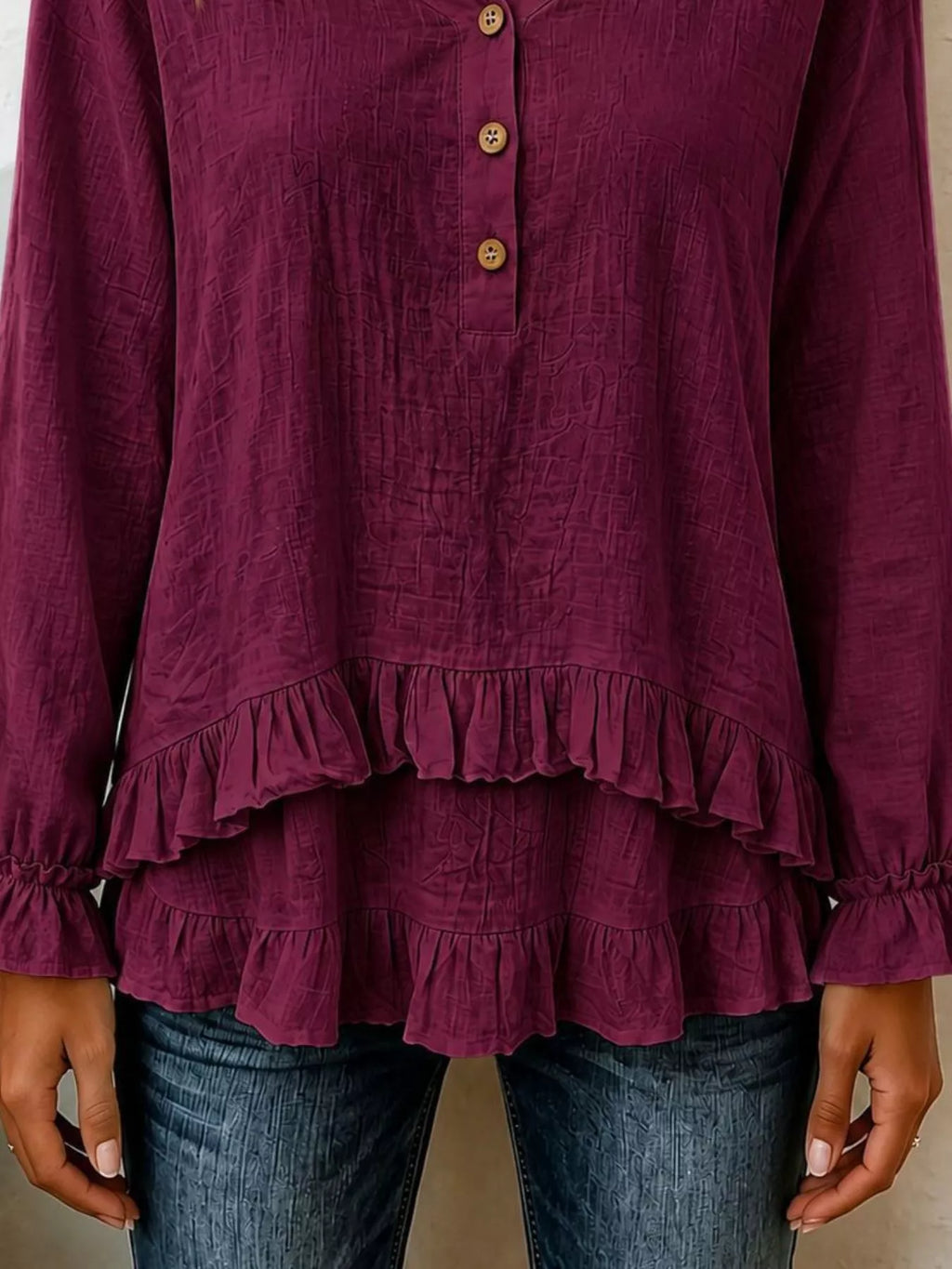 V-Neck Long Sleeve Button Detail Ruffled Hem Blouse