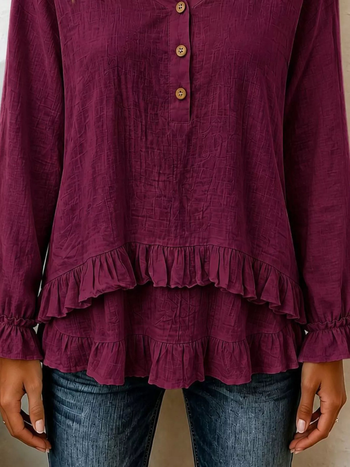 V-Neck Long Sleeve Button Detail Ruffled Hem Blouse