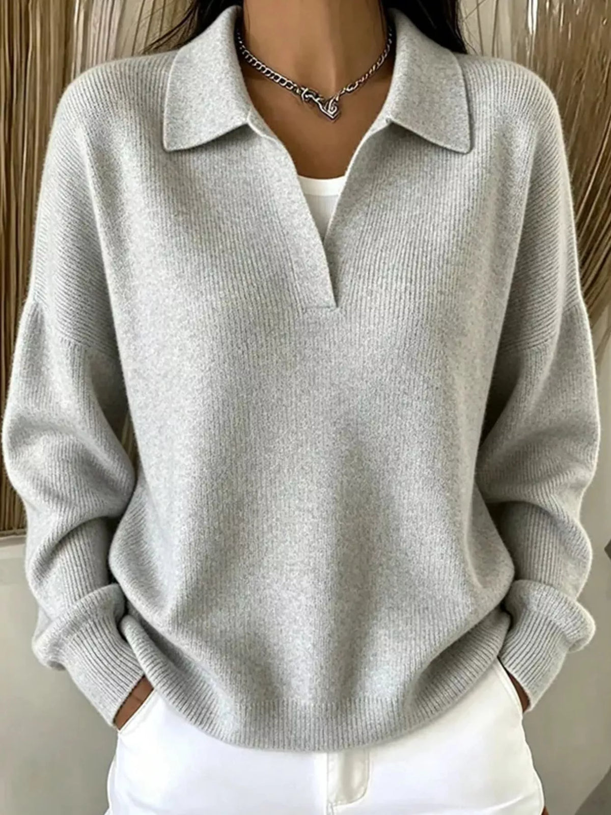 Ribbed Knit Polo Collar Sweater
