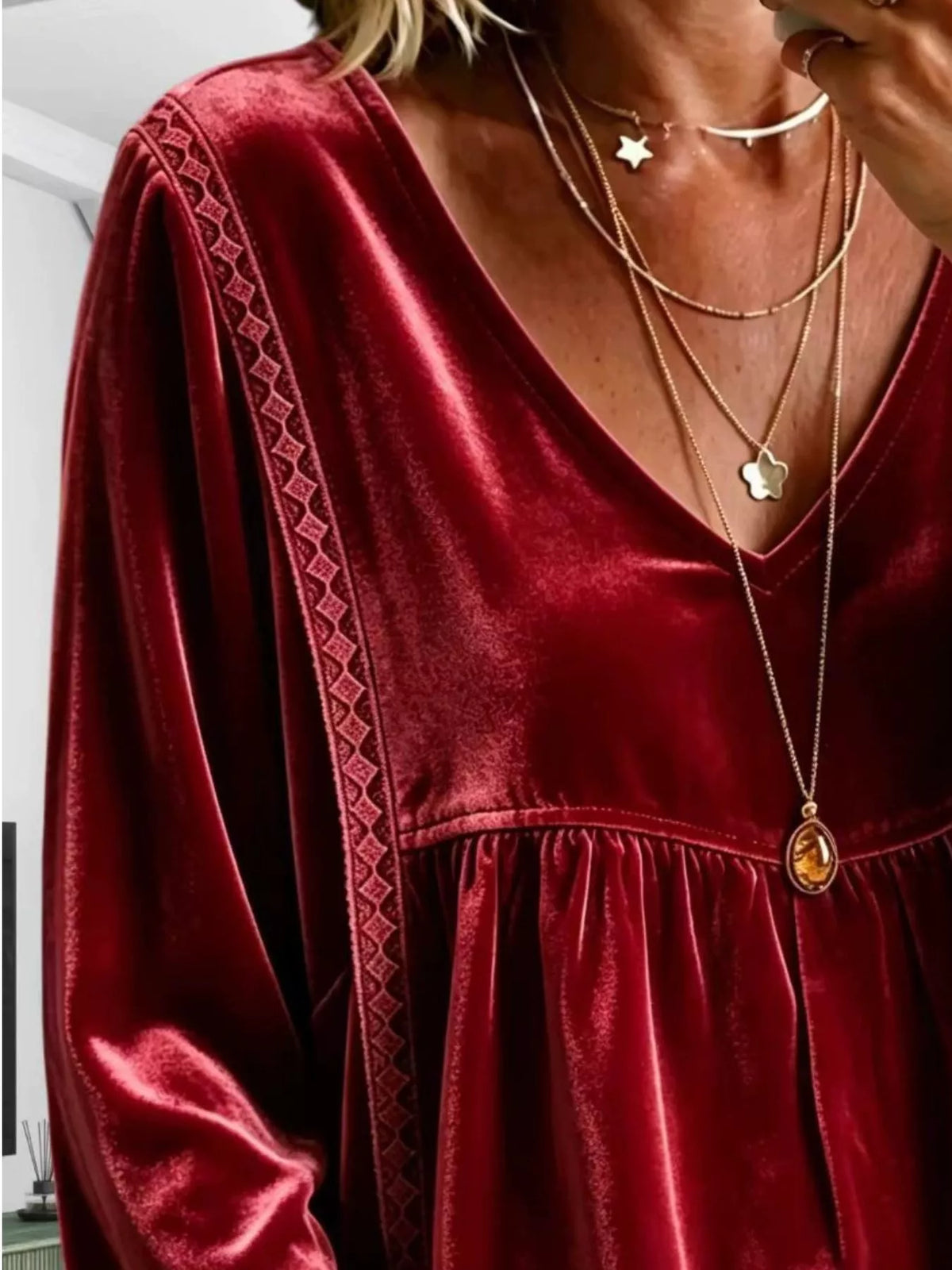 Full Size Velvet Lace Detail V-Neck Blouse Plus Size