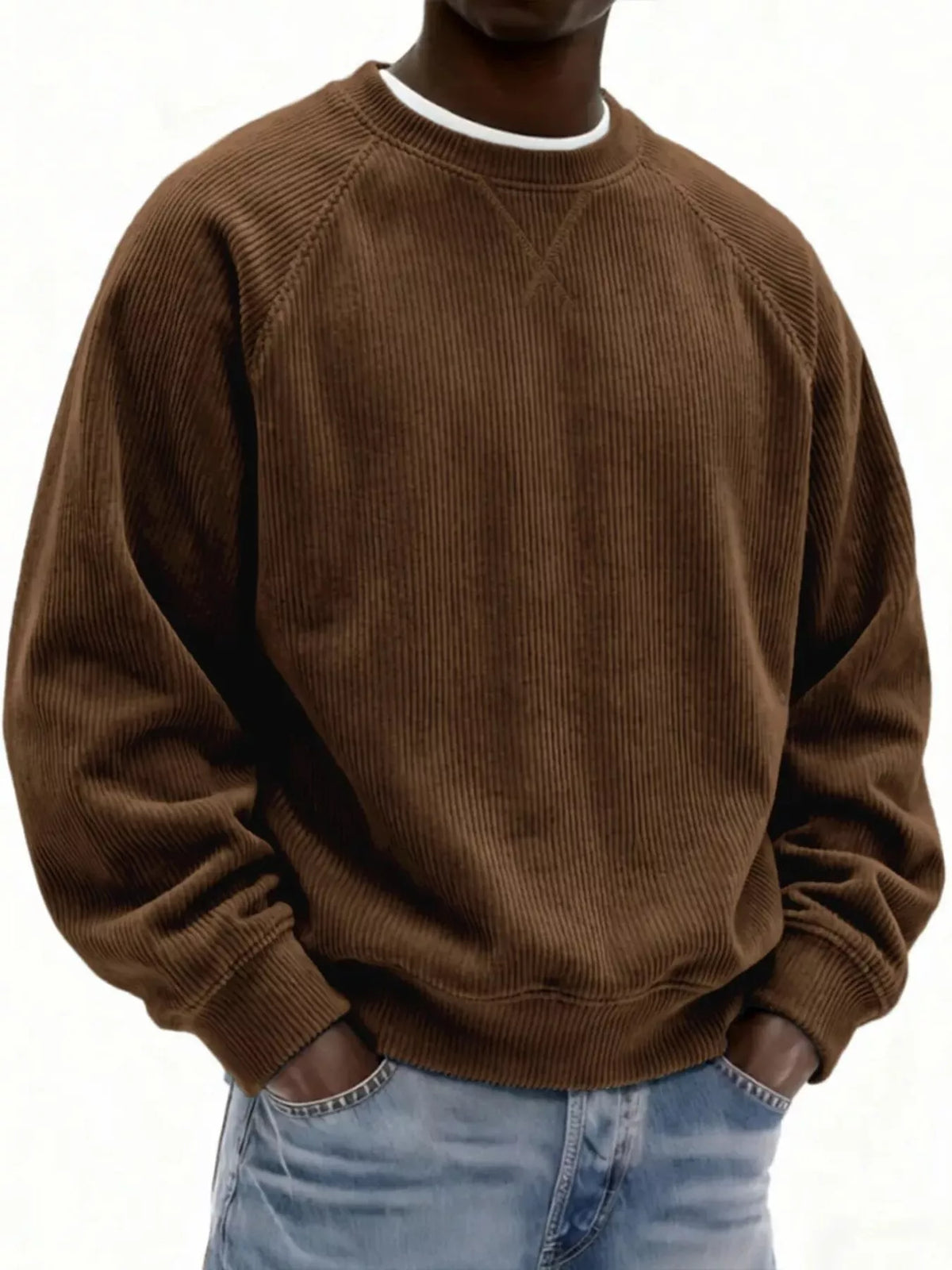 Men's Full Size Corduroy Crew Neck Sweatshirt Plus Size - Dark Brown