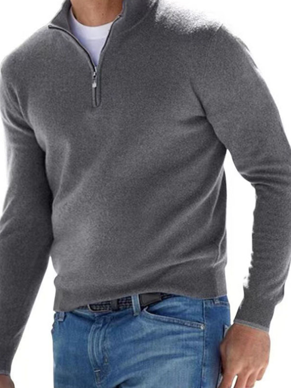 Men's Full Size Quarter-Zip Long Sleeve Sweater Plus Size - Grey