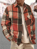 Men's Full Size Casual Plaid Button Up Shirt with Dual Chest Pockets Plus Size - Orange