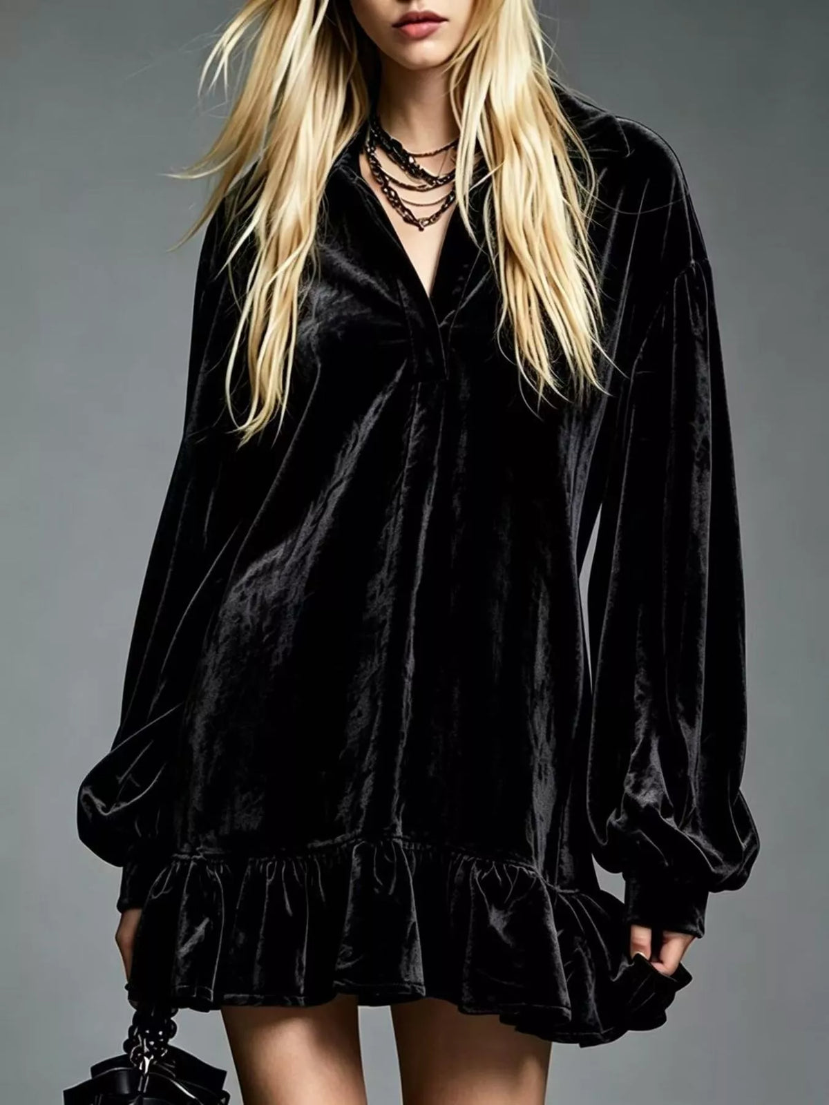 Full Size Velvet Long-Sleeve Ruffle Hem Mini Dress Plus Size - Black