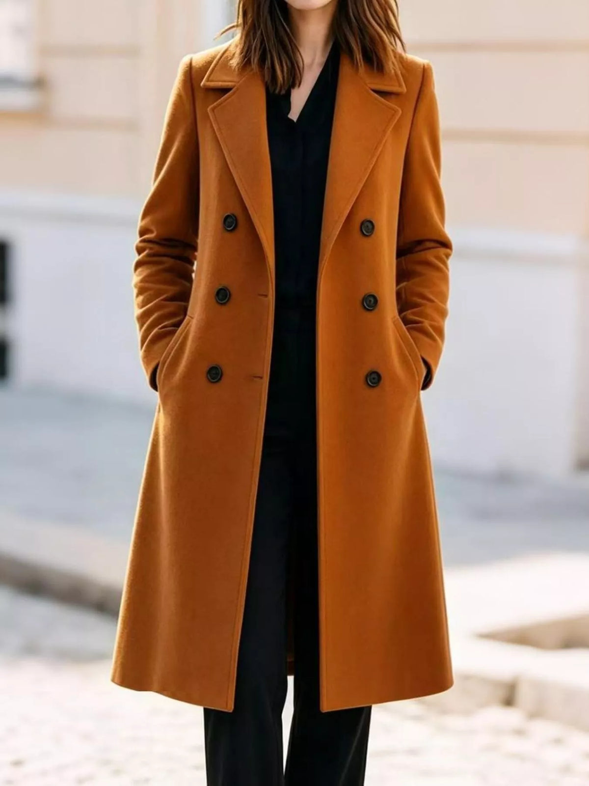 Double-Breasted Lapel Collar Coat - Caramel