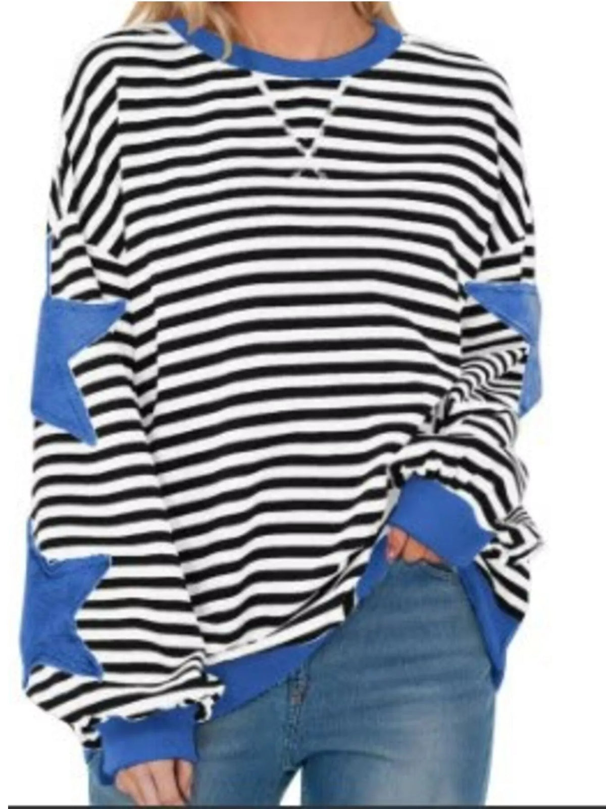 Full Size Star Patch Striped Oversized Sweatshirt Plus Size - Medium Blue