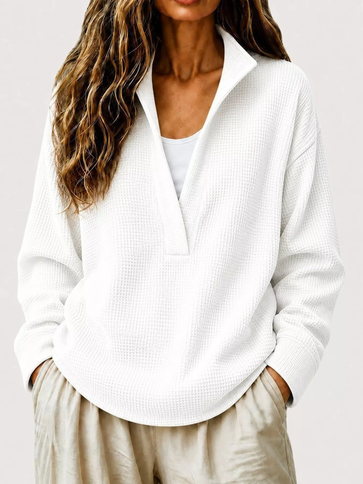 Full Size Waffle Knit Dropped Shoulder Sweatshirt Plus Size - White