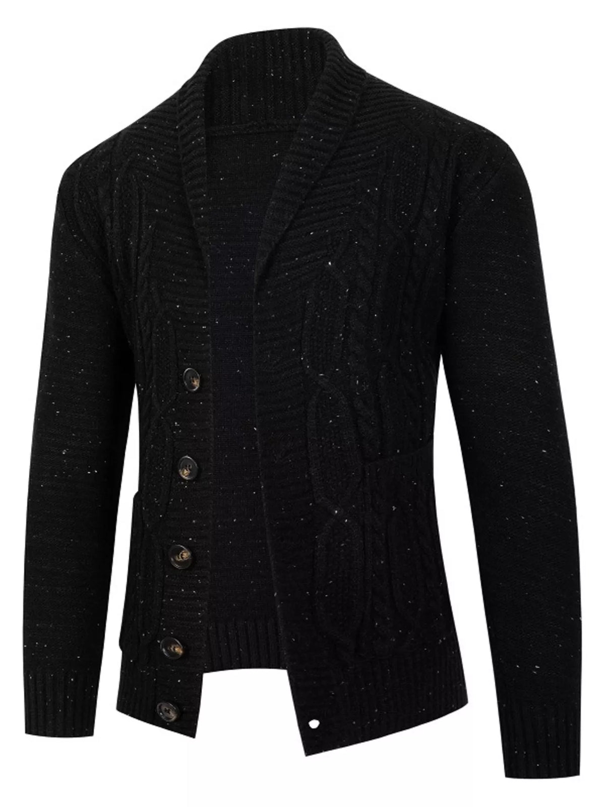 Men's Plus Size Speckled Cable Knit Shawl Collar Cardigan - Black