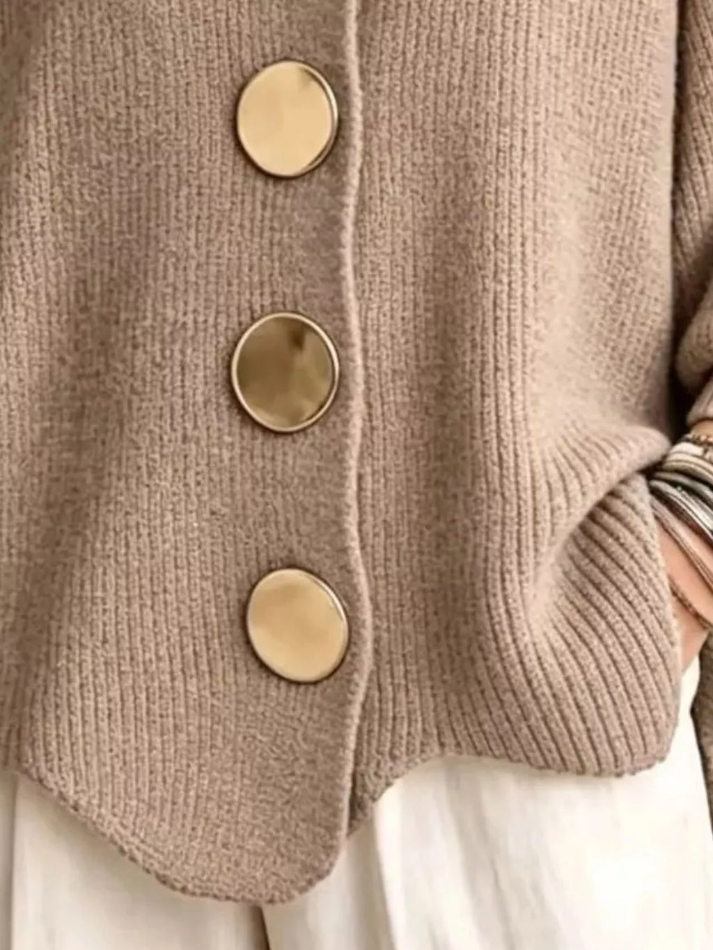 Full Size Gold Buttons Lantern Sleeve Cardigan Plus Size
