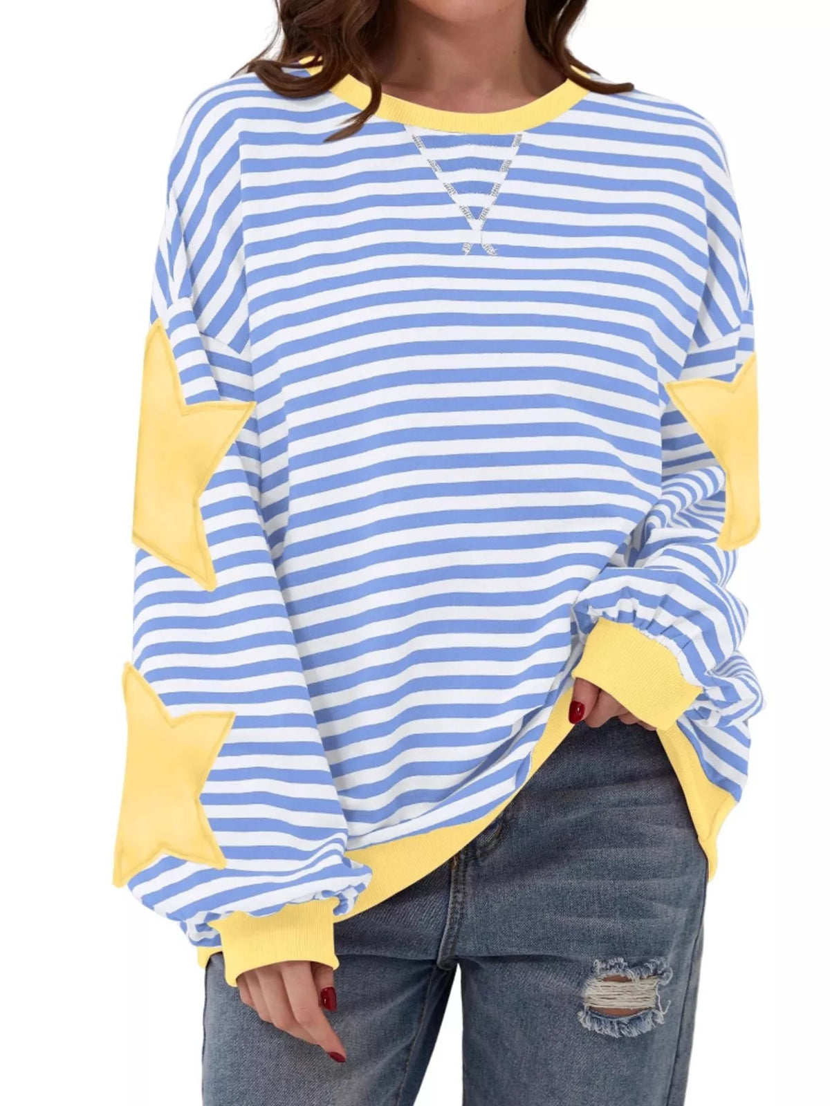 Full Size Star Patch Striped Oversized Sweatshirt Plus Size - Light Blue