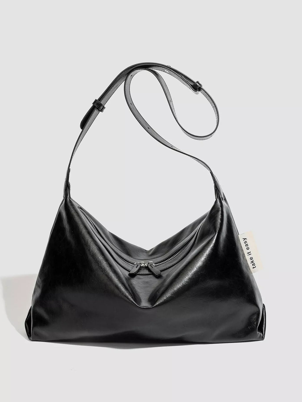 Minimalist Glossy Leather Slouchy Shoulder Bag