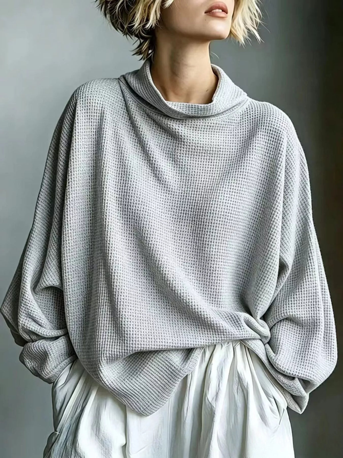 Full Size Oversized Waffle Knit Mock Neck T-Shirt Plus Size - Gray