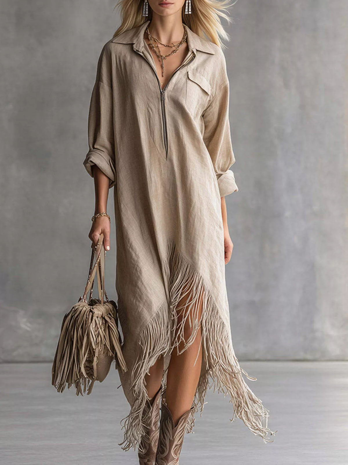Fringe Hem Zip-Up Shirt Dress - Khaki
