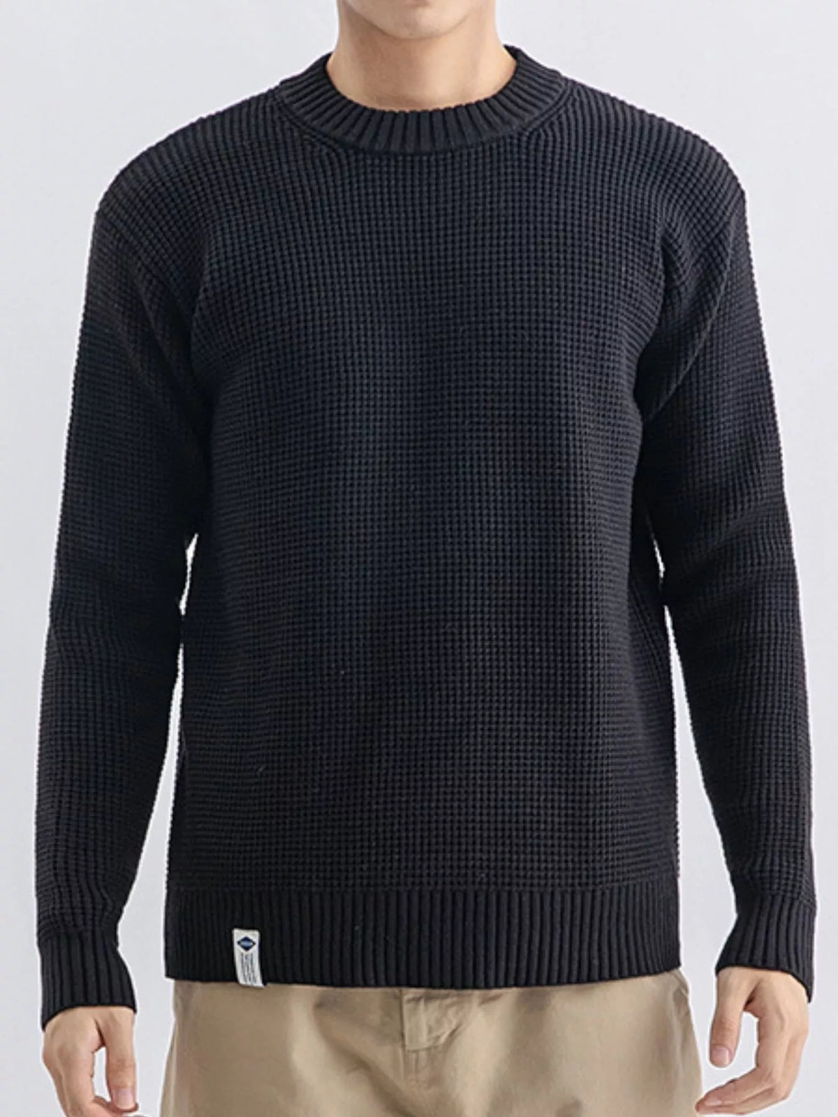 Men's Plus Size Waffle Knit Crew Neck Sweater - Black