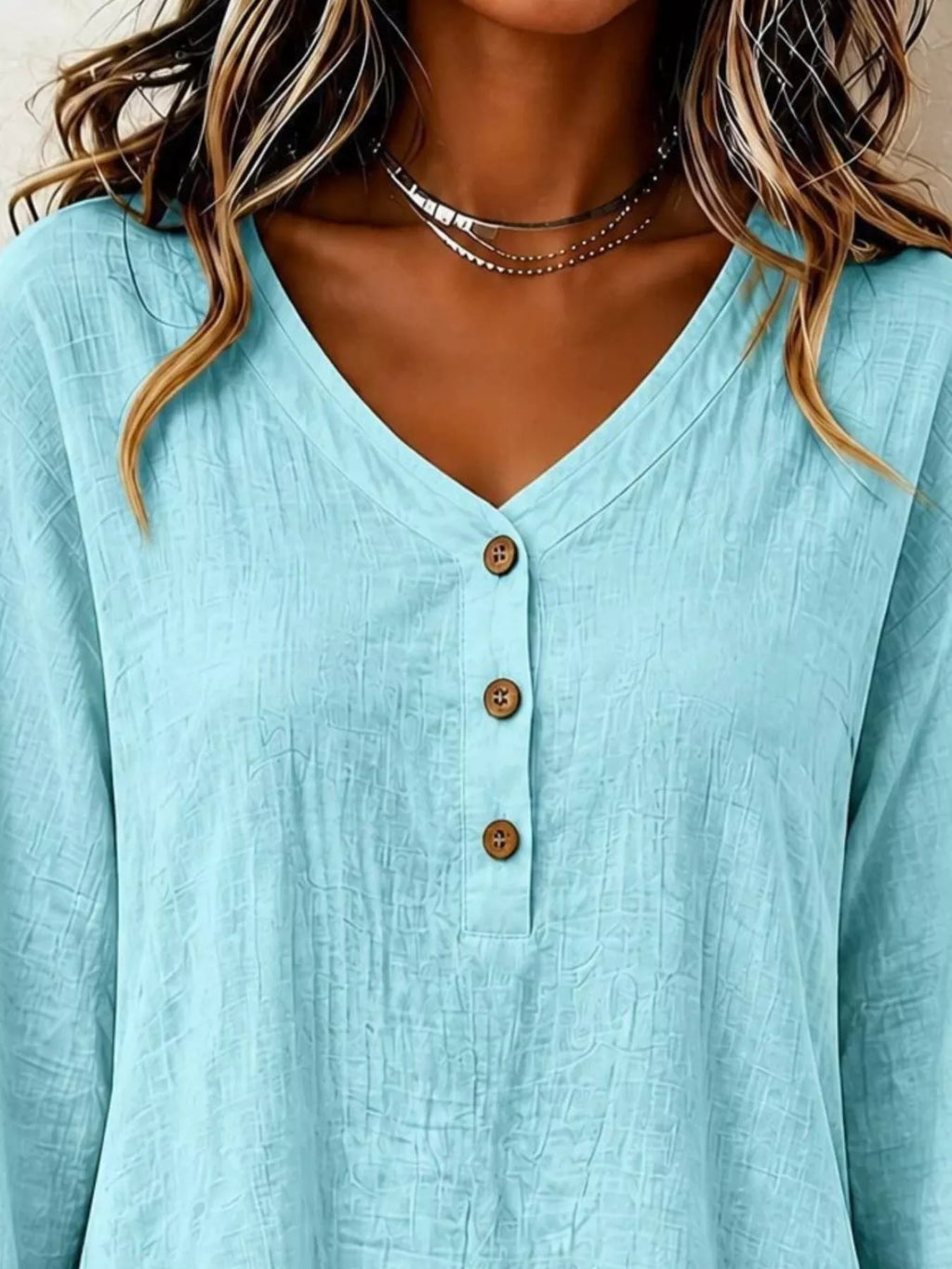 V-Neck Long Sleeve Button Detail Ruffled Hem Blouse