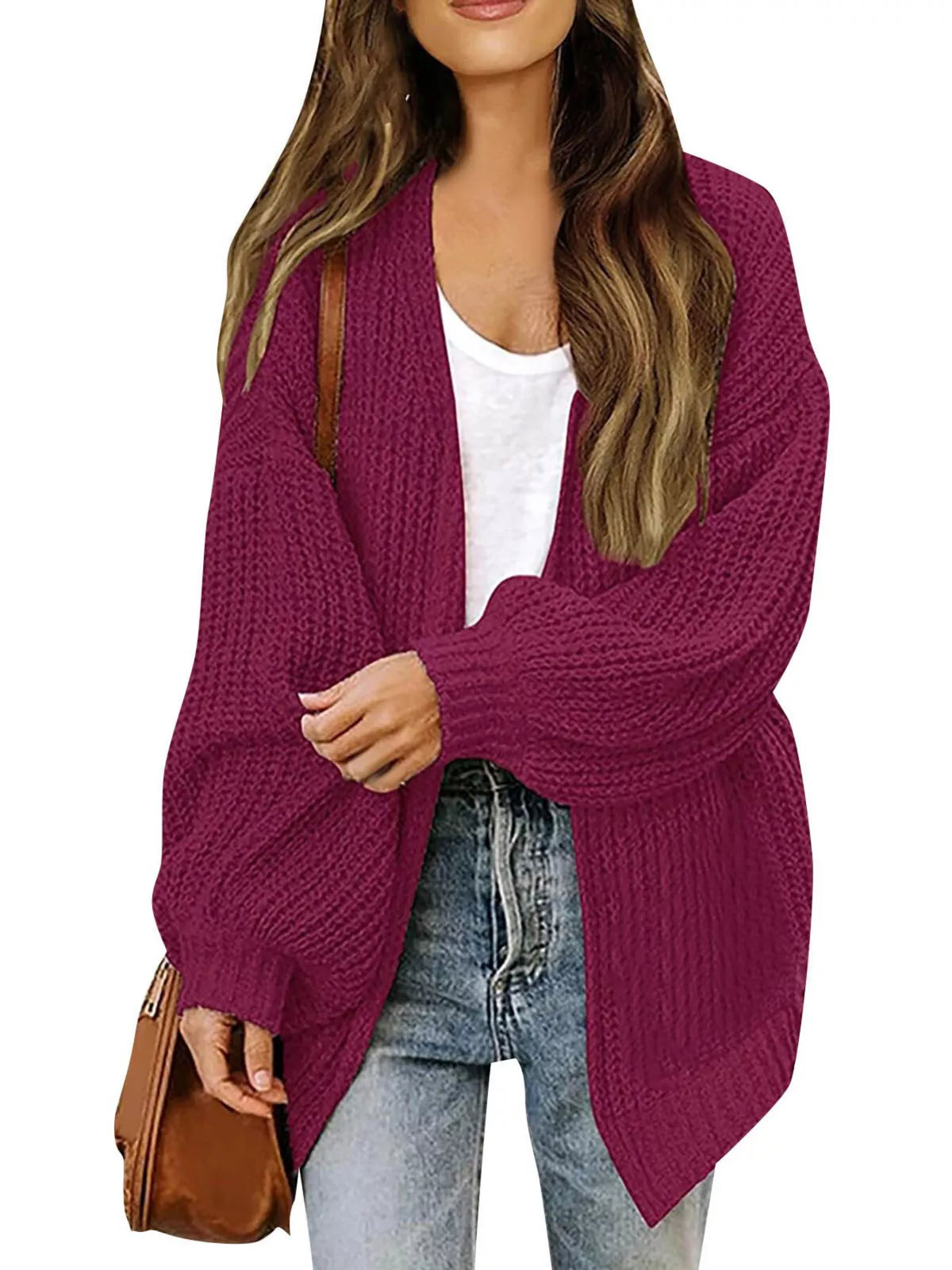 Open-Front Chunky Knit Cardigan - Purple Red