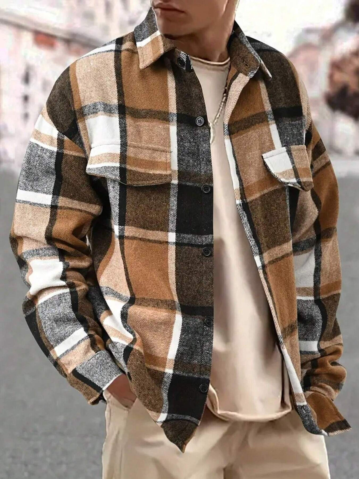Men's Full Size Casual Plaid Button Up Shirt with Dual Chest Pockets Plus Size - Camel