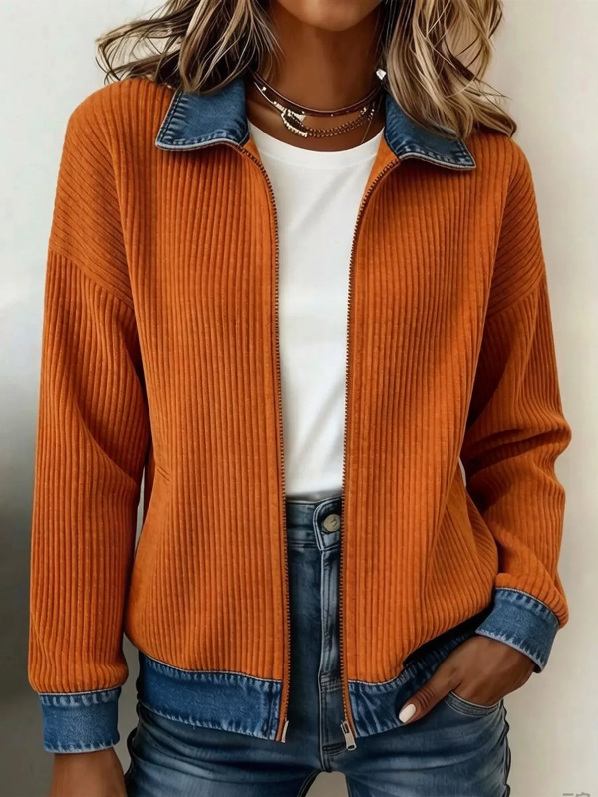 Contrast Denim Collar Ribbed Knit Jacket - Orange