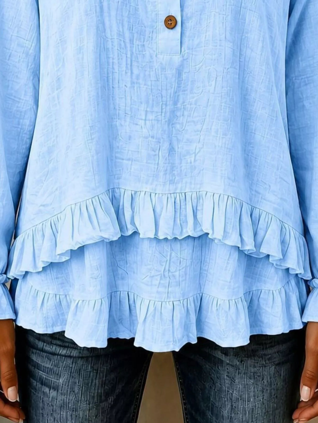 V-Neck Long Sleeve Button Detail Ruffled Hem Blouse