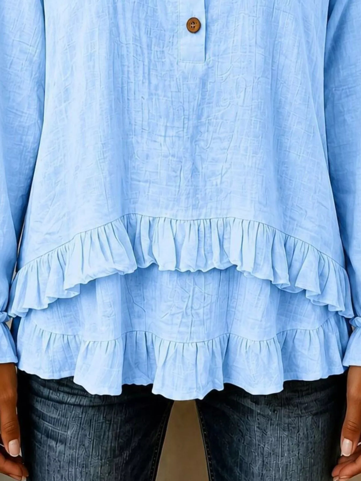 V-Neck Long Sleeve Button Detail Ruffled Hem Blouse