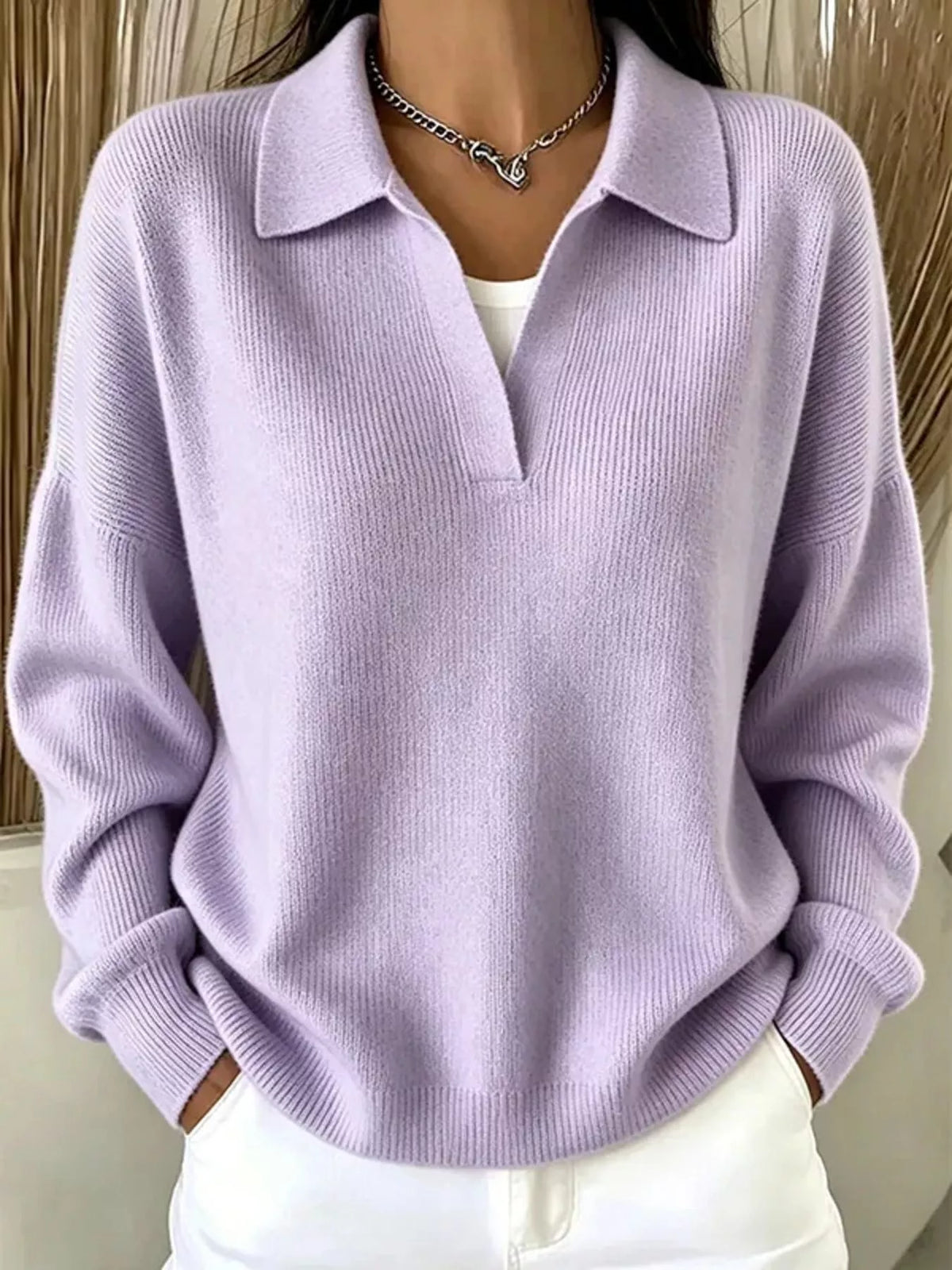 Ribbed Knit Polo Collar Sweater - Pink Purple