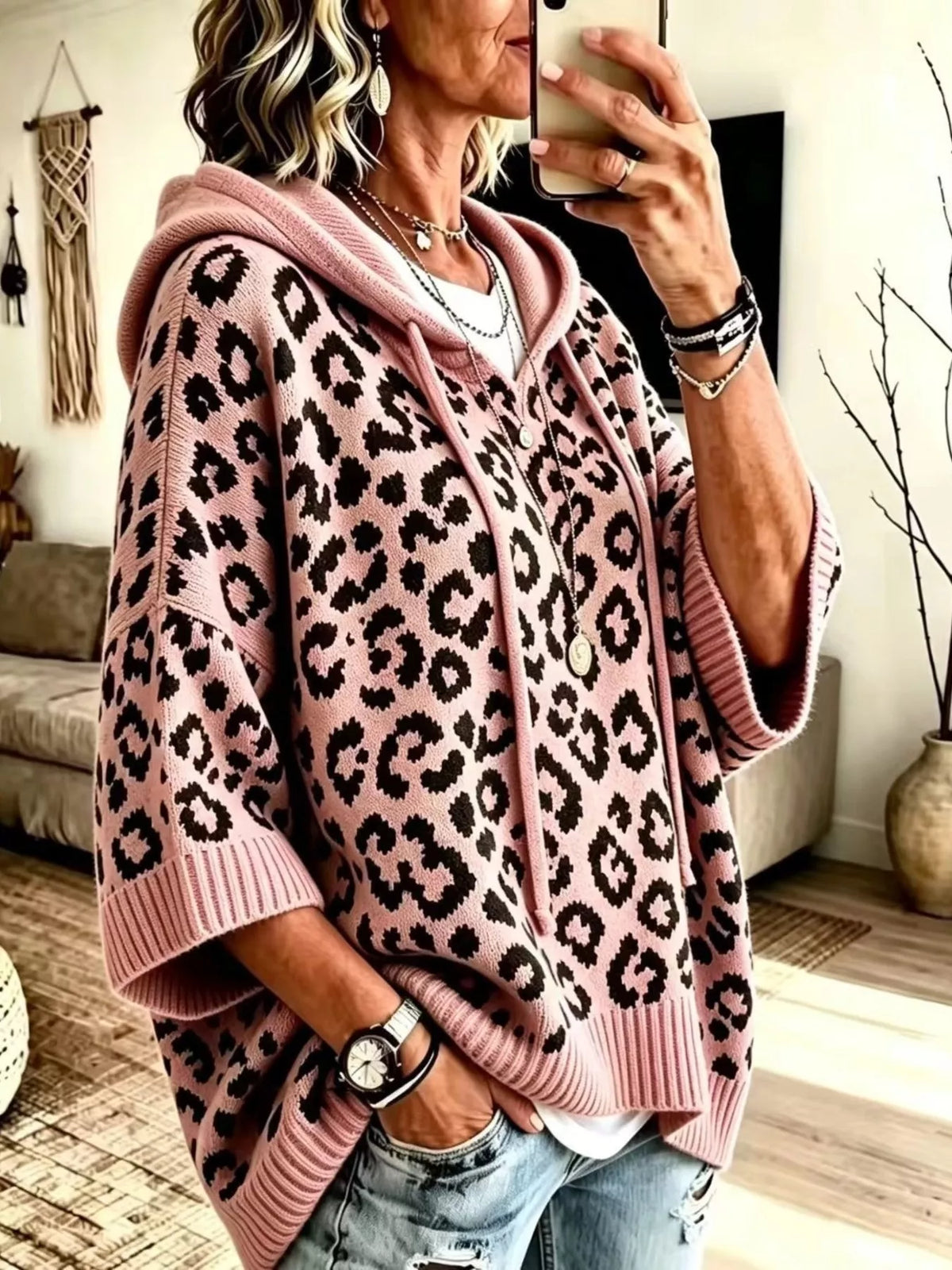 Drawstring Leopard Hooded Sweater - Pink